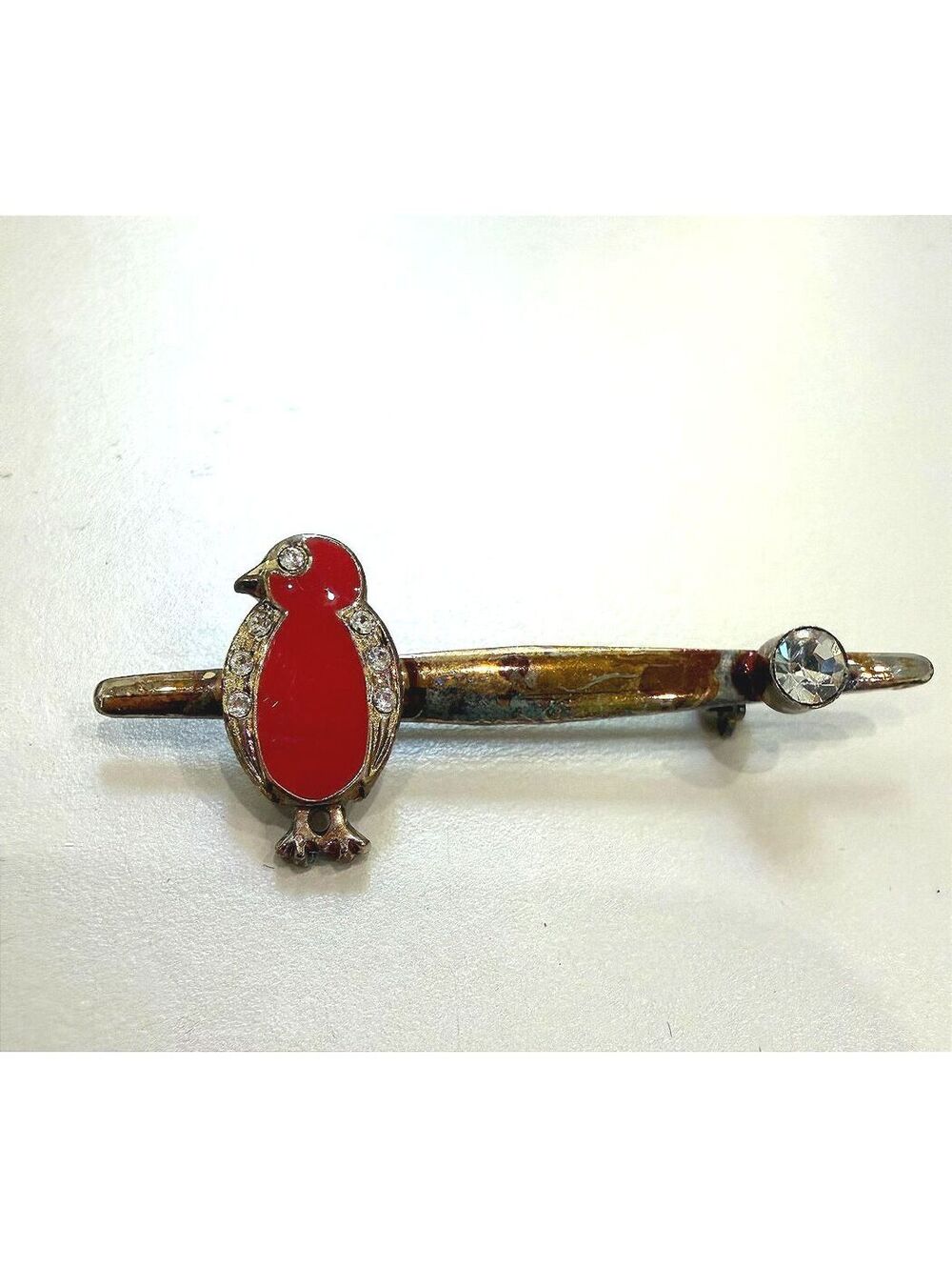 Vintage Bird Design Pin with Red Enamel and Rhinestones